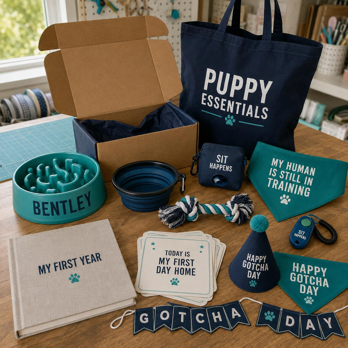 Personalized Puppy Essentials Kit, Custom Slow Feeder Bowl, Gotcha Day Gift Box