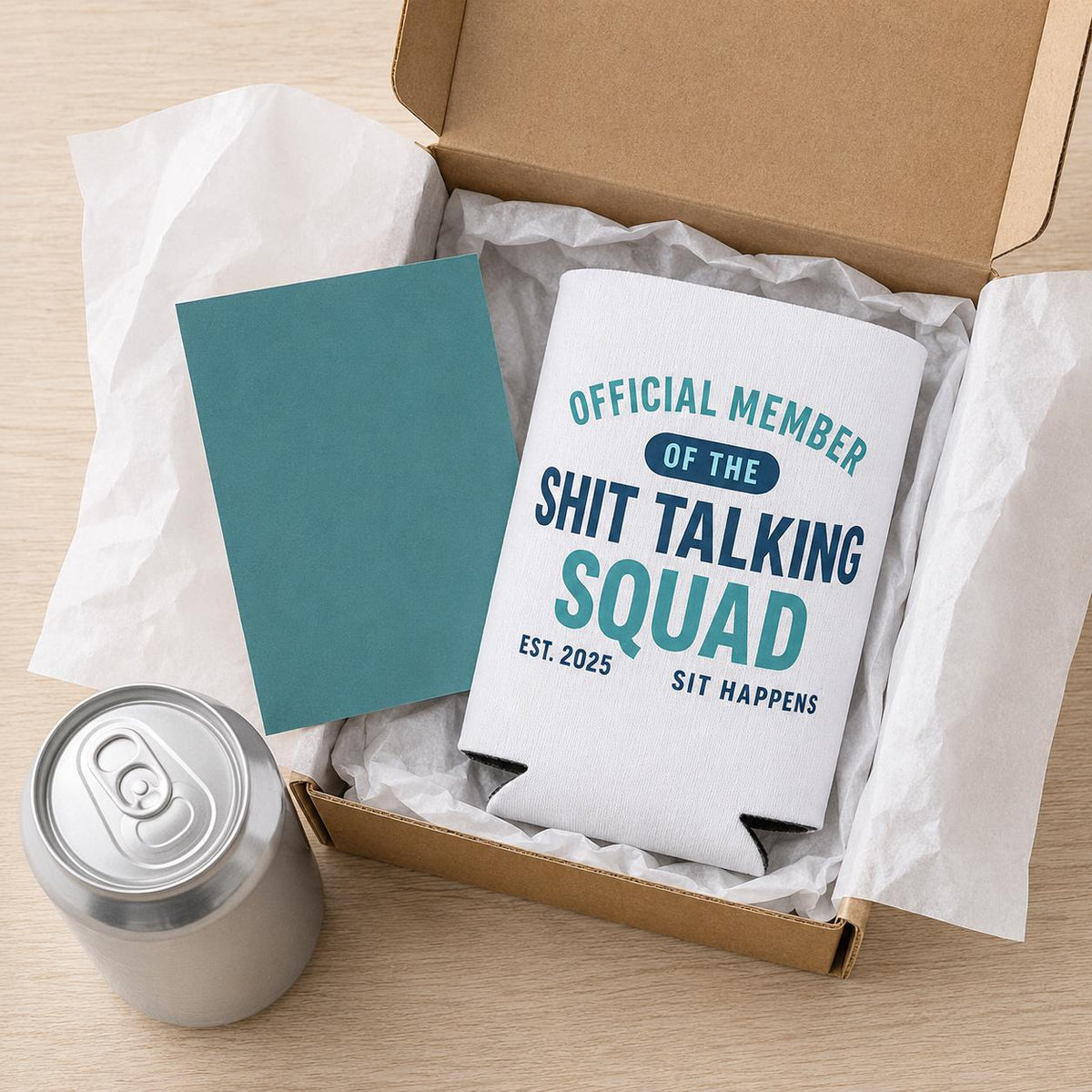 Funny Can Cooler, Official Shit Talking Squad Drink Sleeve, Sarcastic Beer Can Holder, Adult Humor Gift, Sit Happens Can Cozy