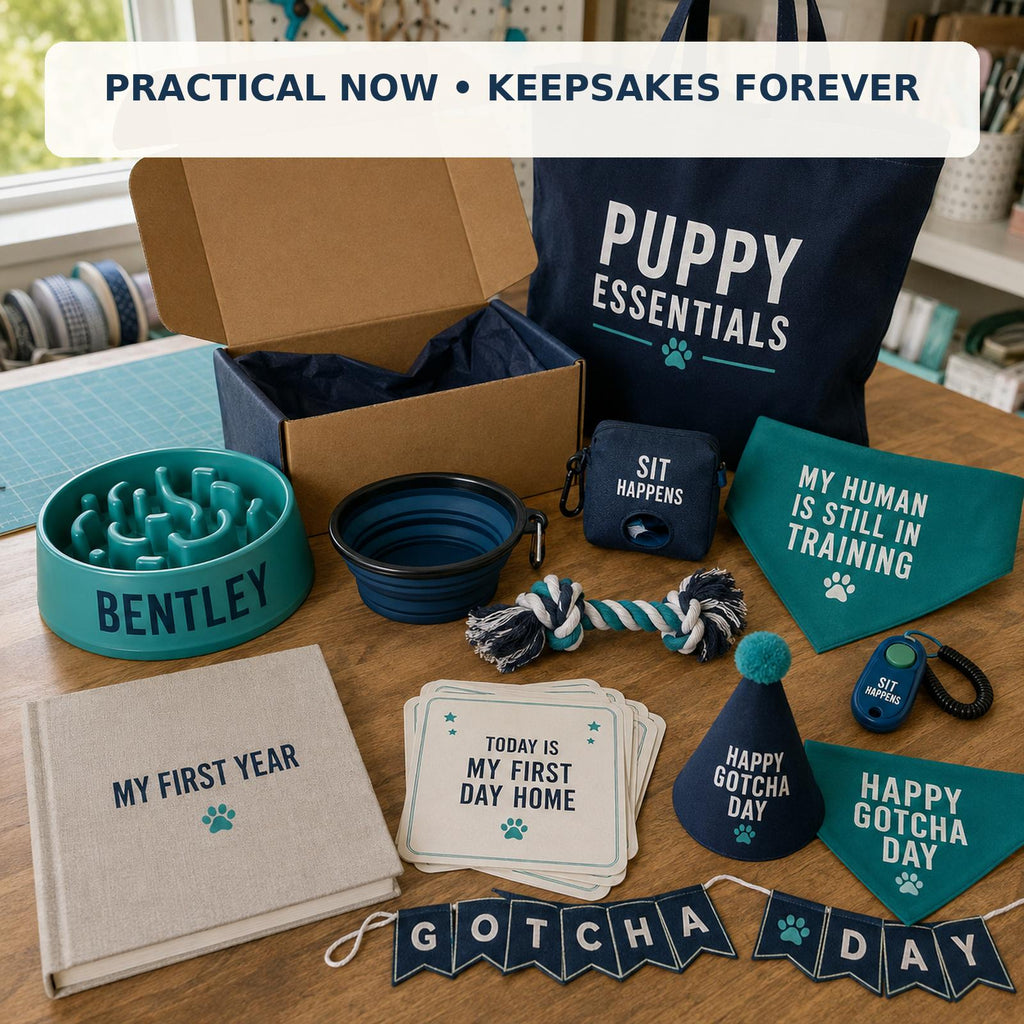 Personalized Puppy Essentials Kit, Custom Slow Feeder Bowl, Gotcha Day Gift Box