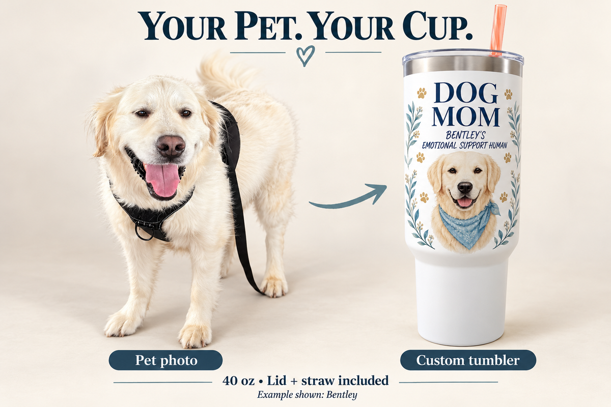 Bentley pet photo beside custom Dog Mom tumbler example