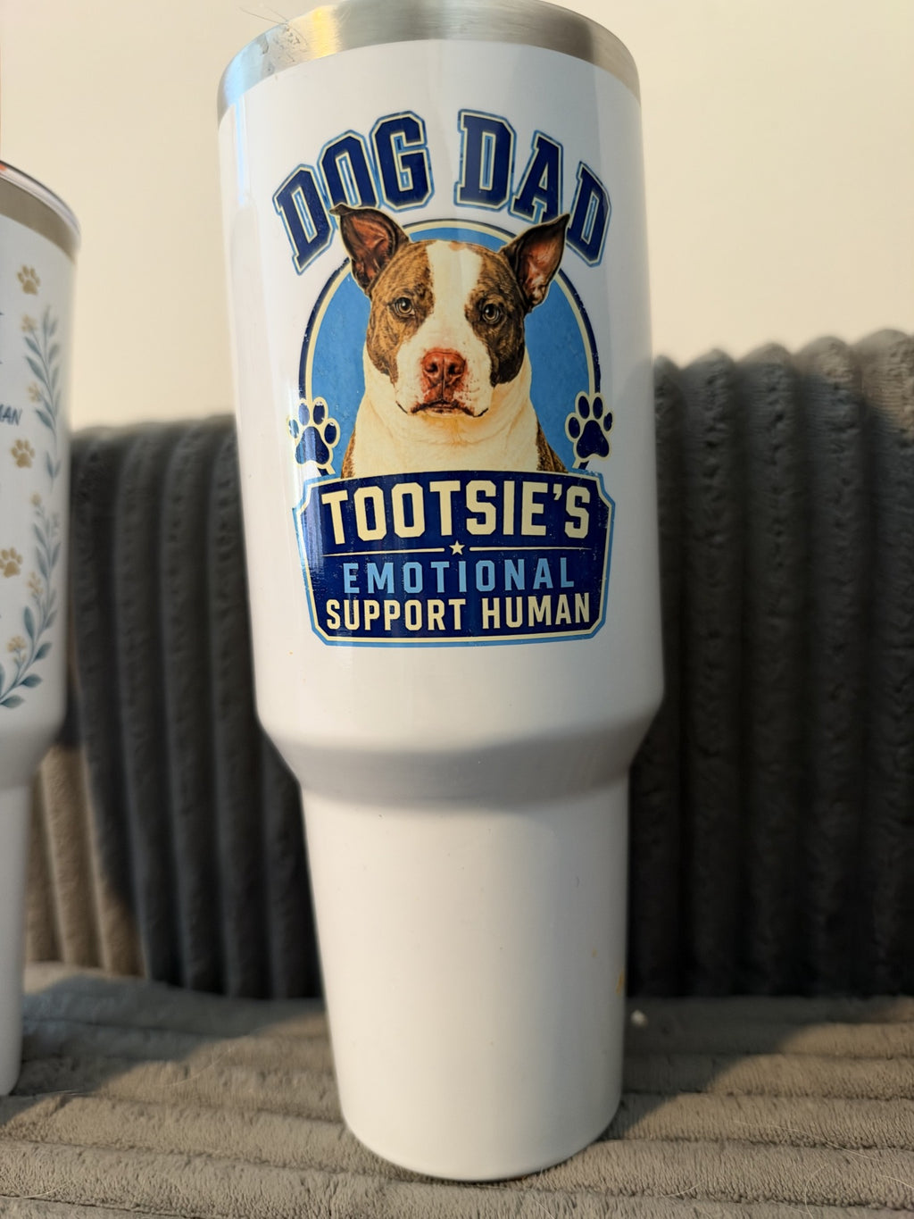 Real finished custom Dog Dad 40 oz tumbler showing Tootsie