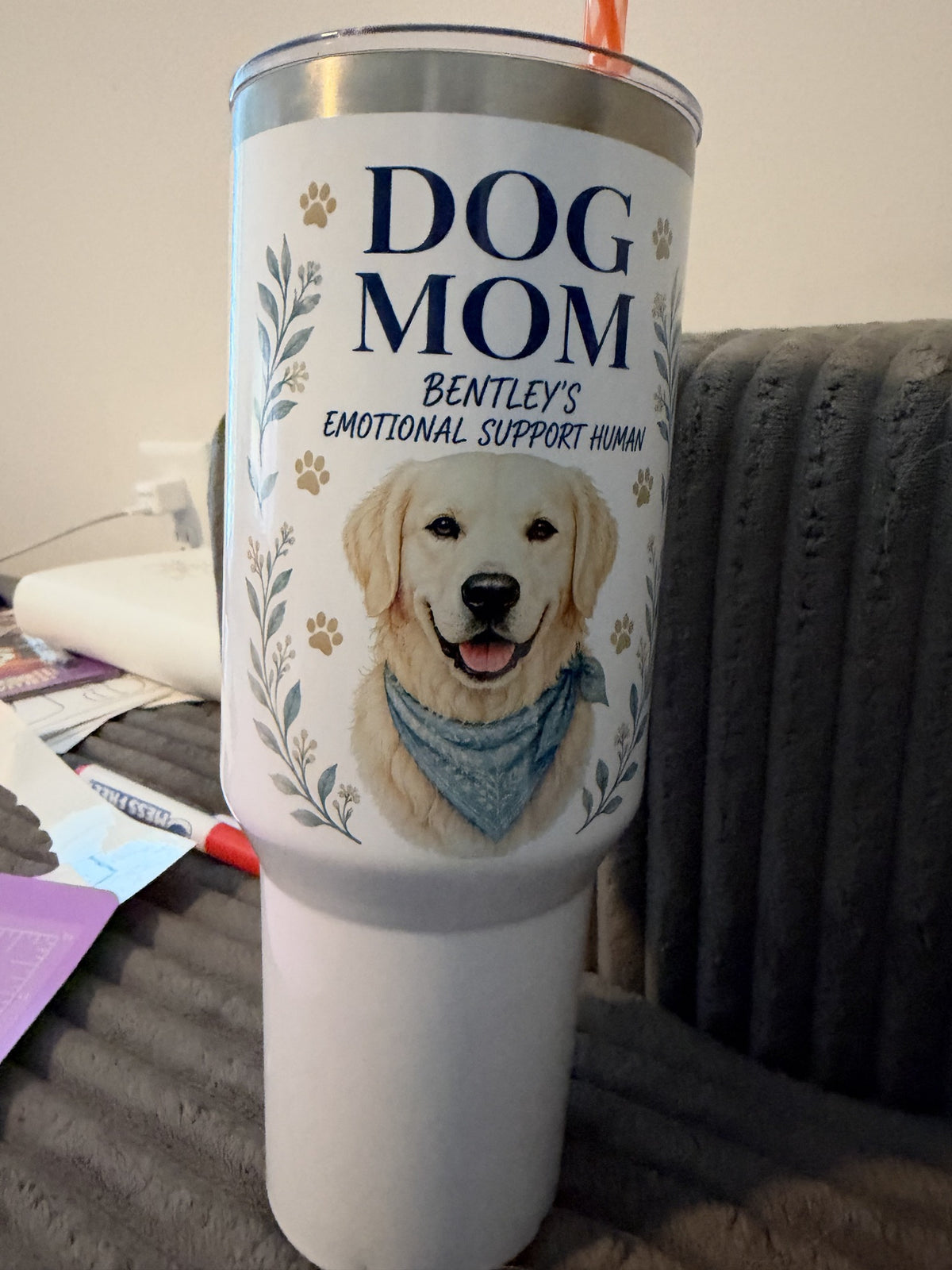 Real finished custom Dog Mom 40 oz tumbler showing Bentley