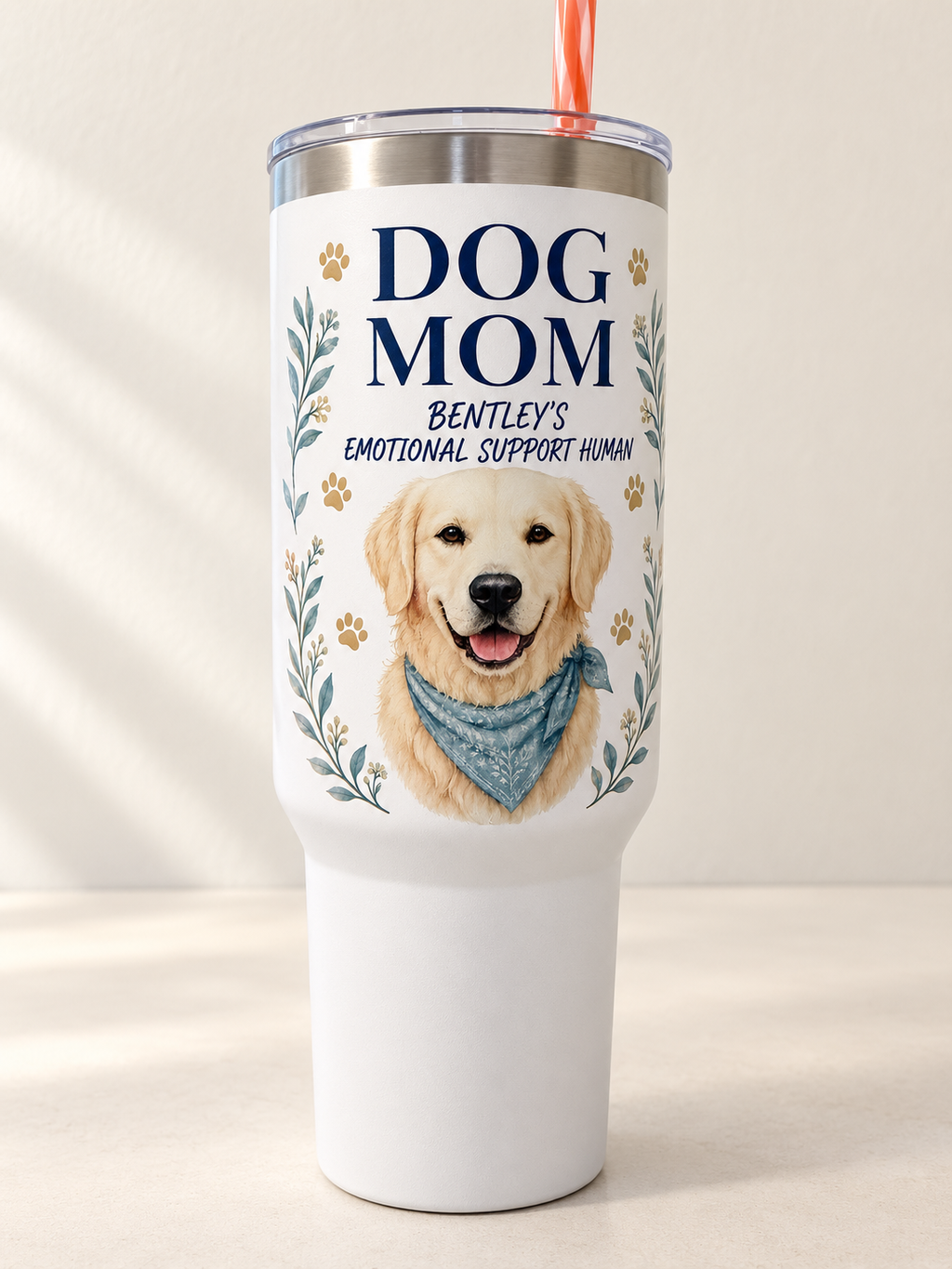 Styled mockup of custom Dog Mom tumbler; Bentley example