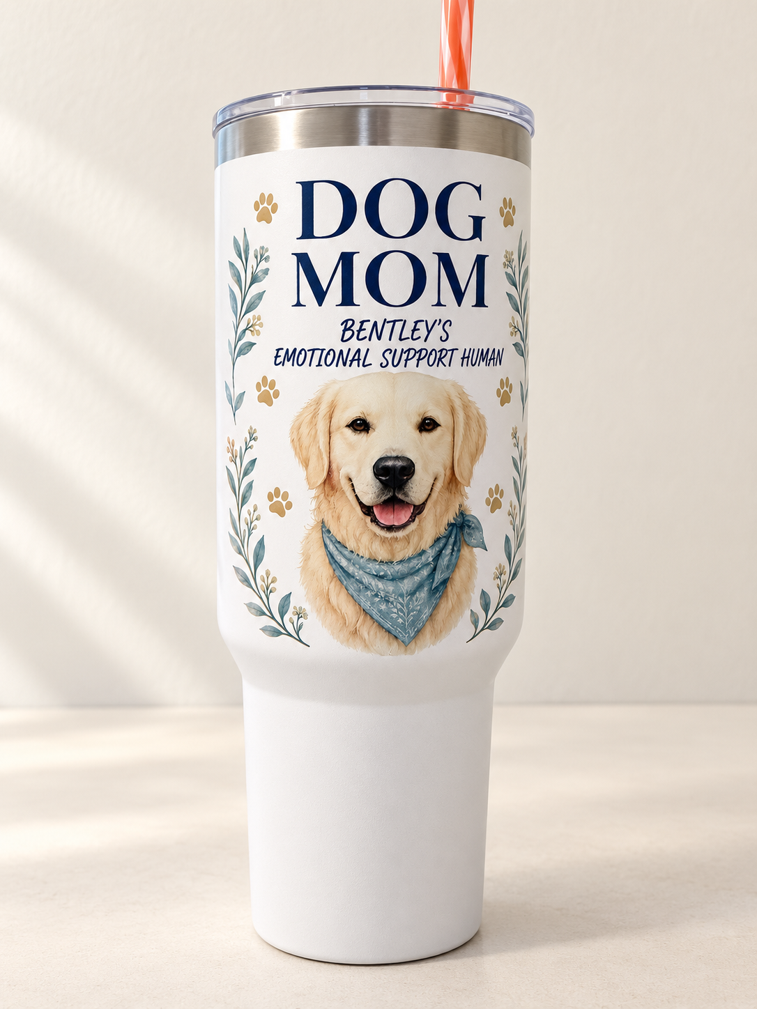 Styled mockup of custom Dog Mom tumbler; Bentley example