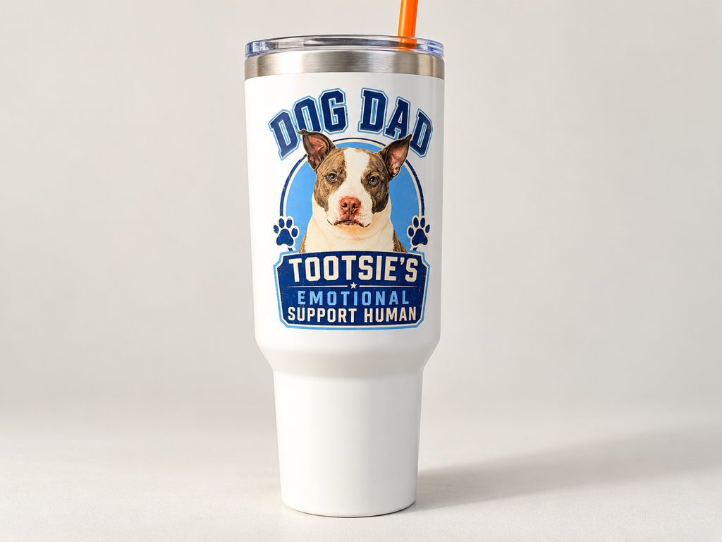 Clean product mockup of Dog Dad 40 oz custom pet photo tumbler, Tootsie example