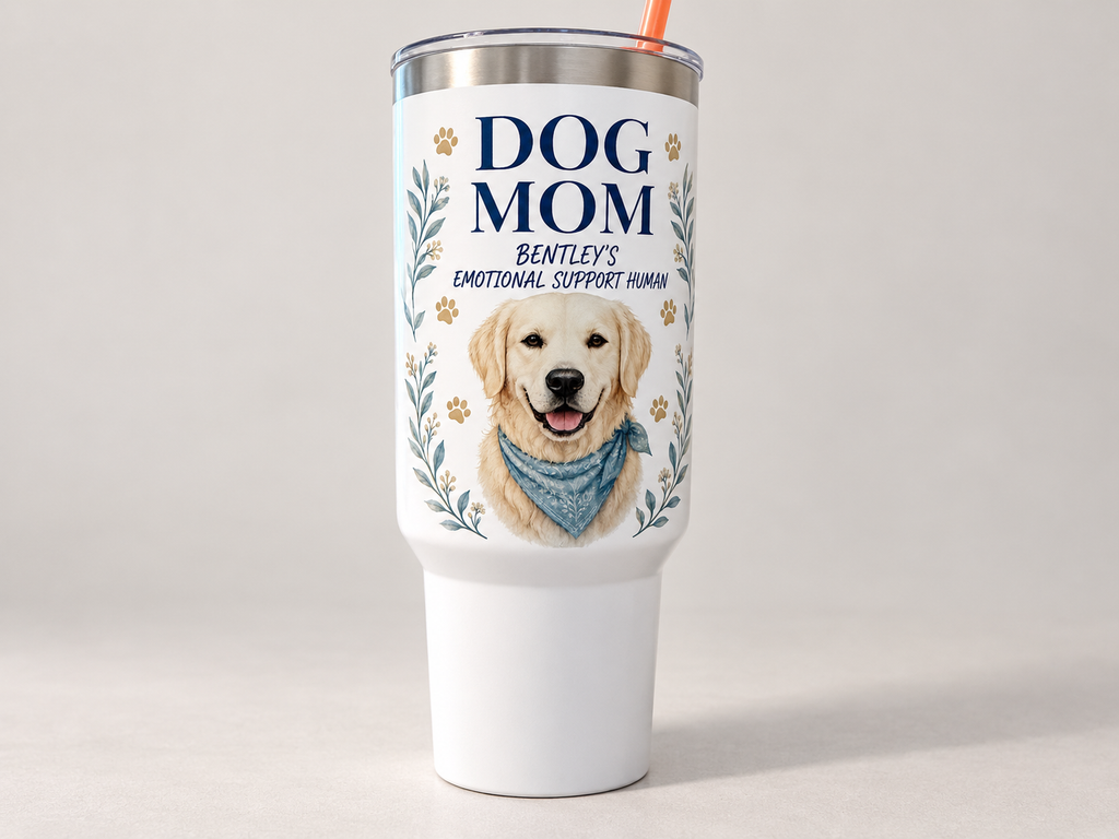 Clean product mockup of Dog Mom 40 oz custom pet photo tumbler, Bentley example