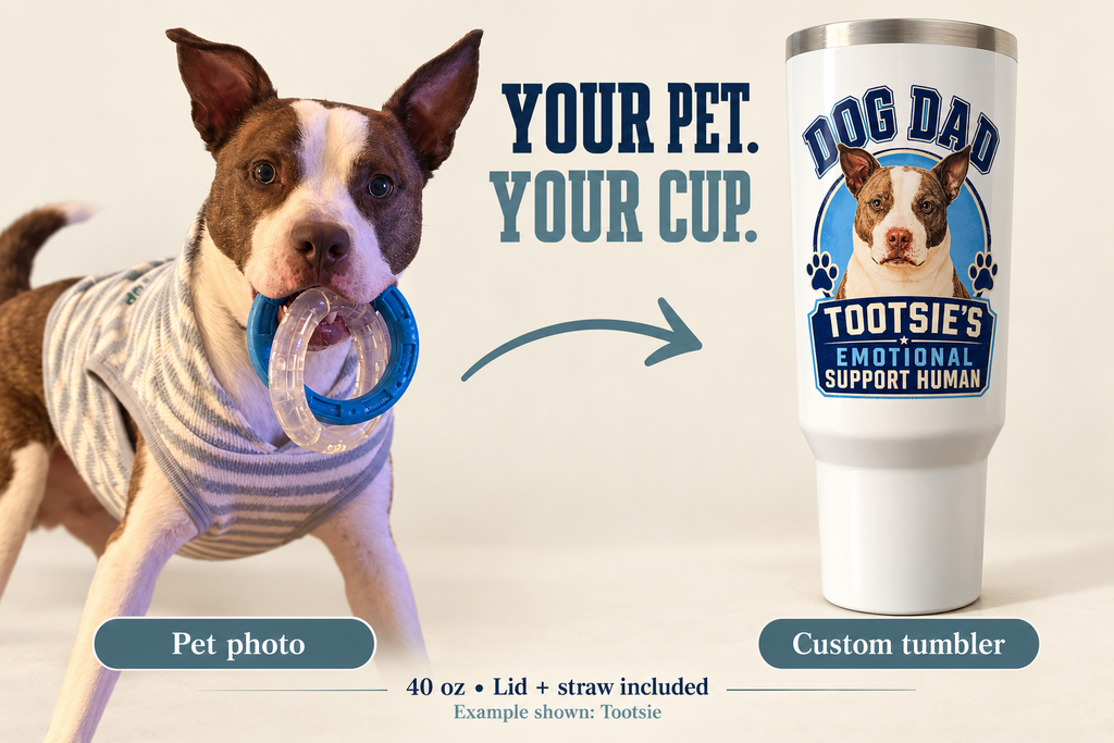 Tootsie pet photo beside custom Dog Dad tumbler example